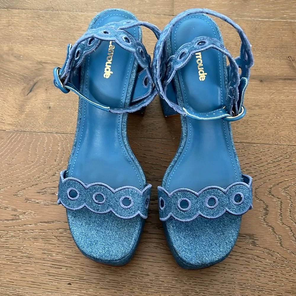 NEW Larroude Dolly Broderie Platform Sandal Blue Stoned Denim NWB - Picture 4 of 10